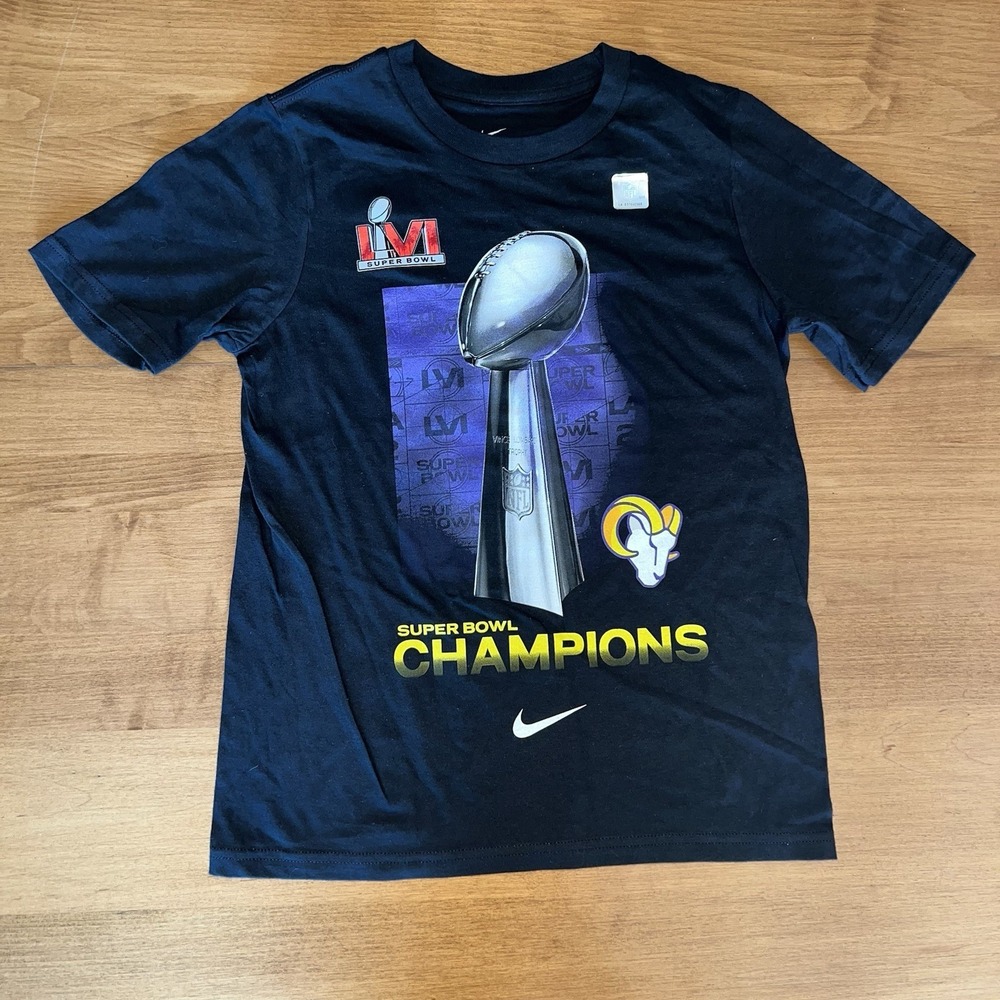 NWOT Youth Nike Los Angeles Rams LA Superbowl‎ T-Shirt Champs Size Medium Black